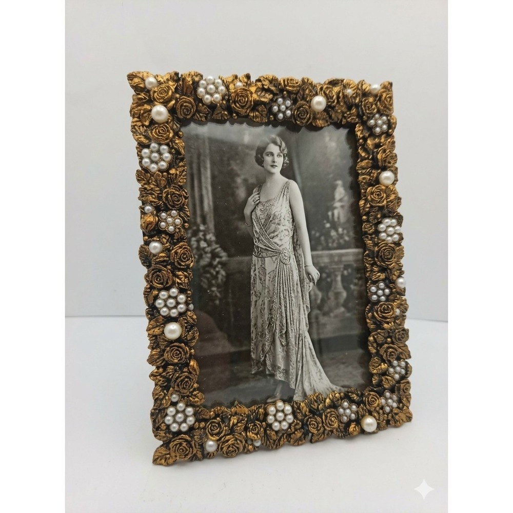VTG Gold Tone Ornate Floral Picture Frame Pearls Roses 3.5x5.5 Photo 5.5x7.7